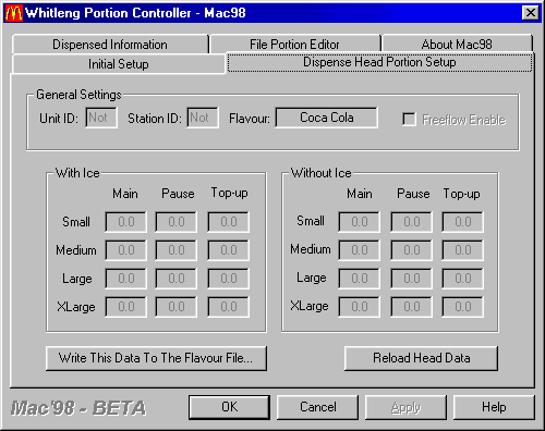 Mac98 Dispense Head Portion Setup screen